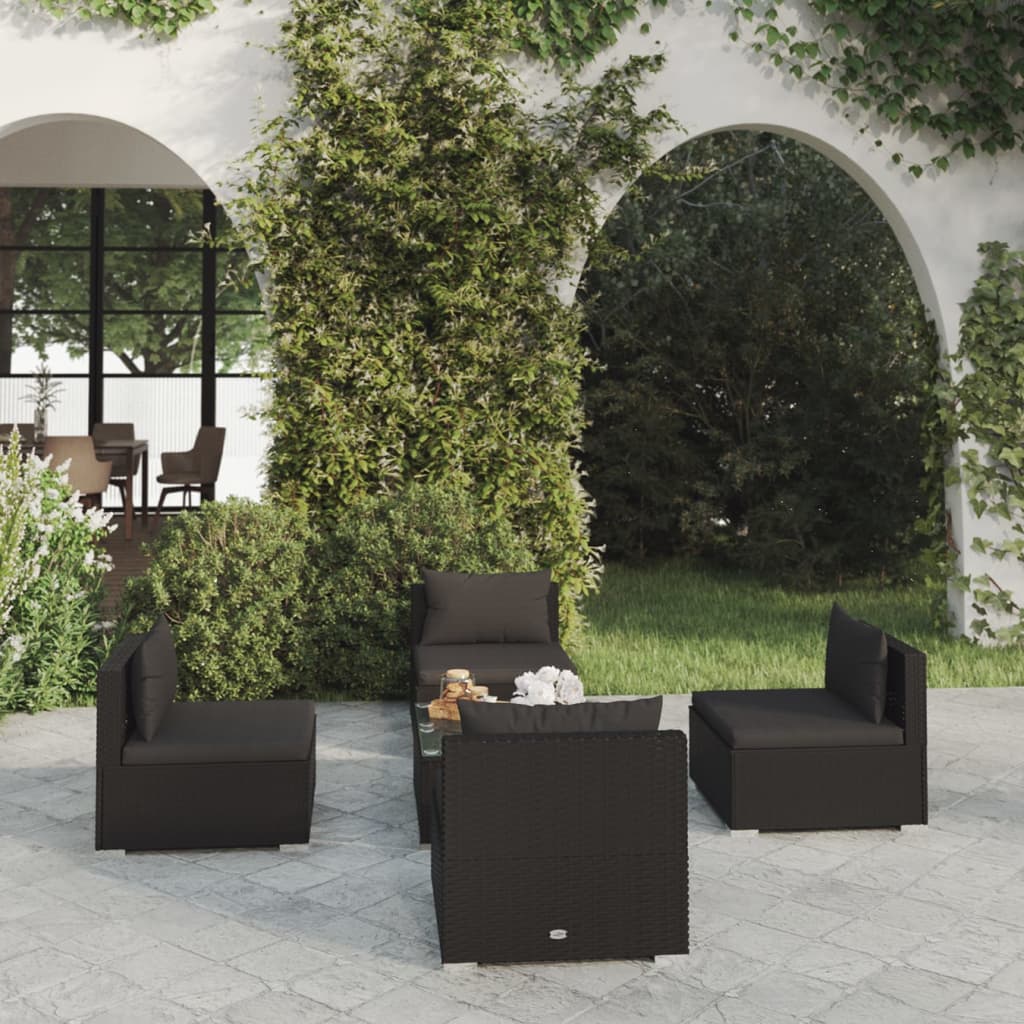 vidaXL 5 pcs conjunto lounge de jardim c/ almofadões vime PE preto