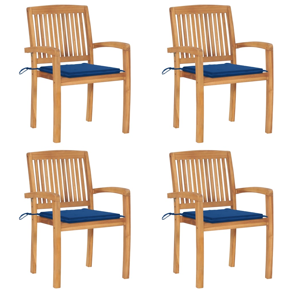 vidaXL Cadeiras de jardim empiháveis c/ almofadões 4 pcs teca maciça