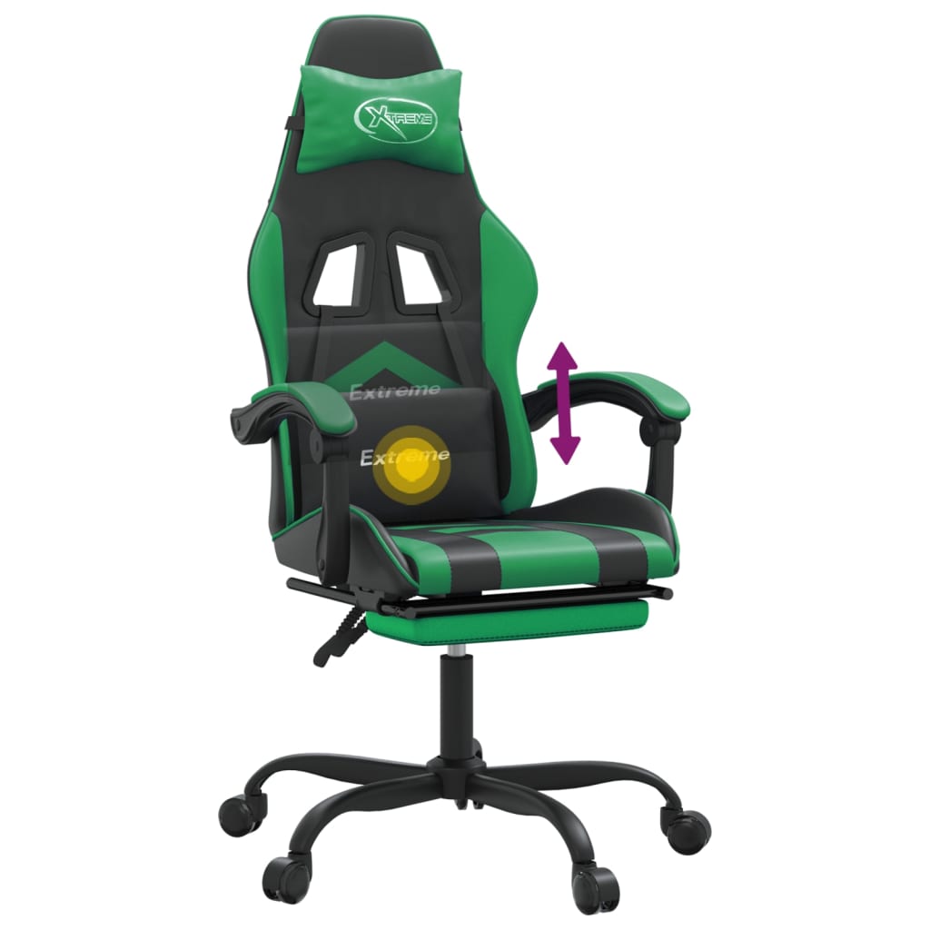 vidaXL Cadeira gaming giratória c/ apoio pés couro artif. preto/verde