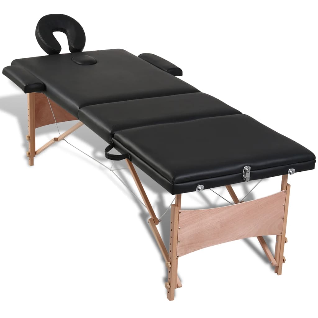 vidaXL Mesa de massagens dobrável 3 zonas + estrutura de madeira preto