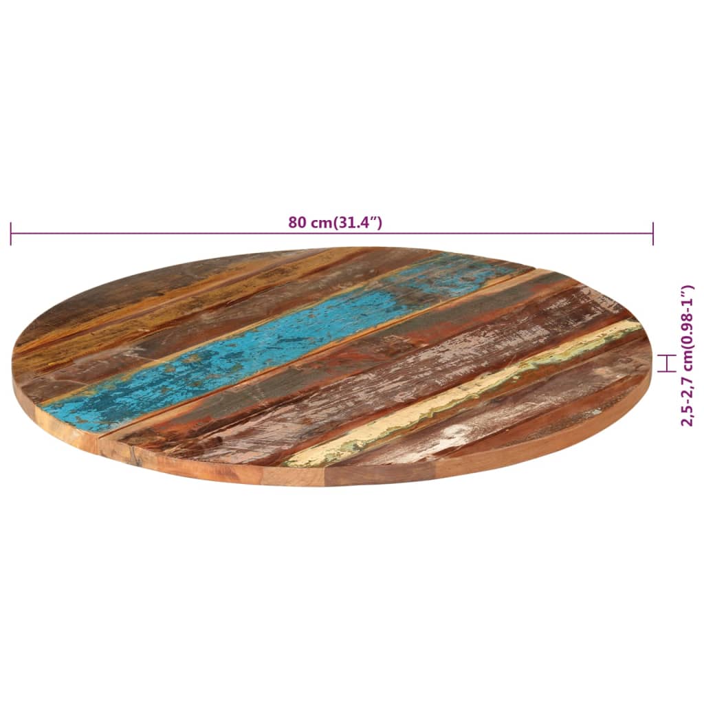 vidaXL Tampo de mesa redondo 80 cm 25-27 mm madeira recuperada maciça