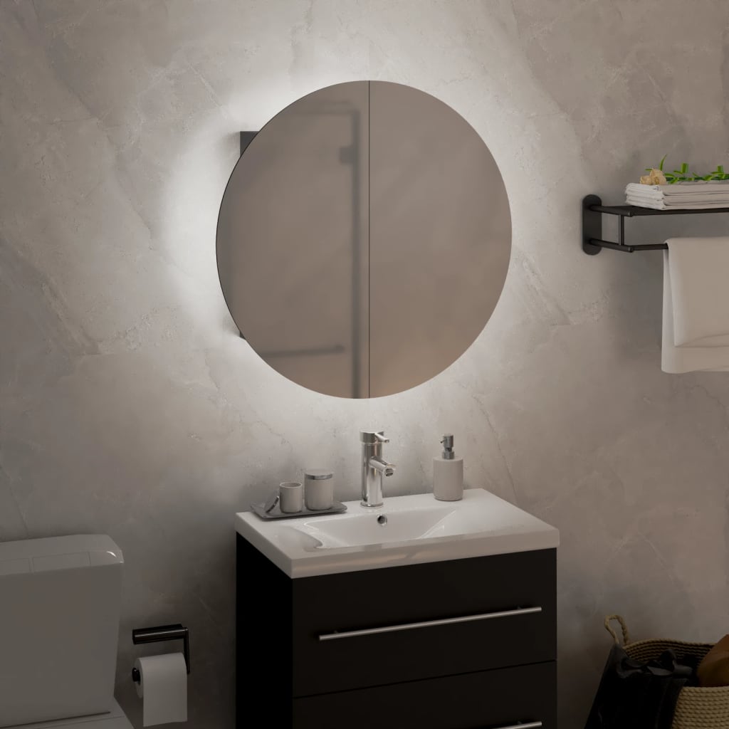 vidaXL Armário p/ casa de banho c/ espelho redondo e LEDs cinza