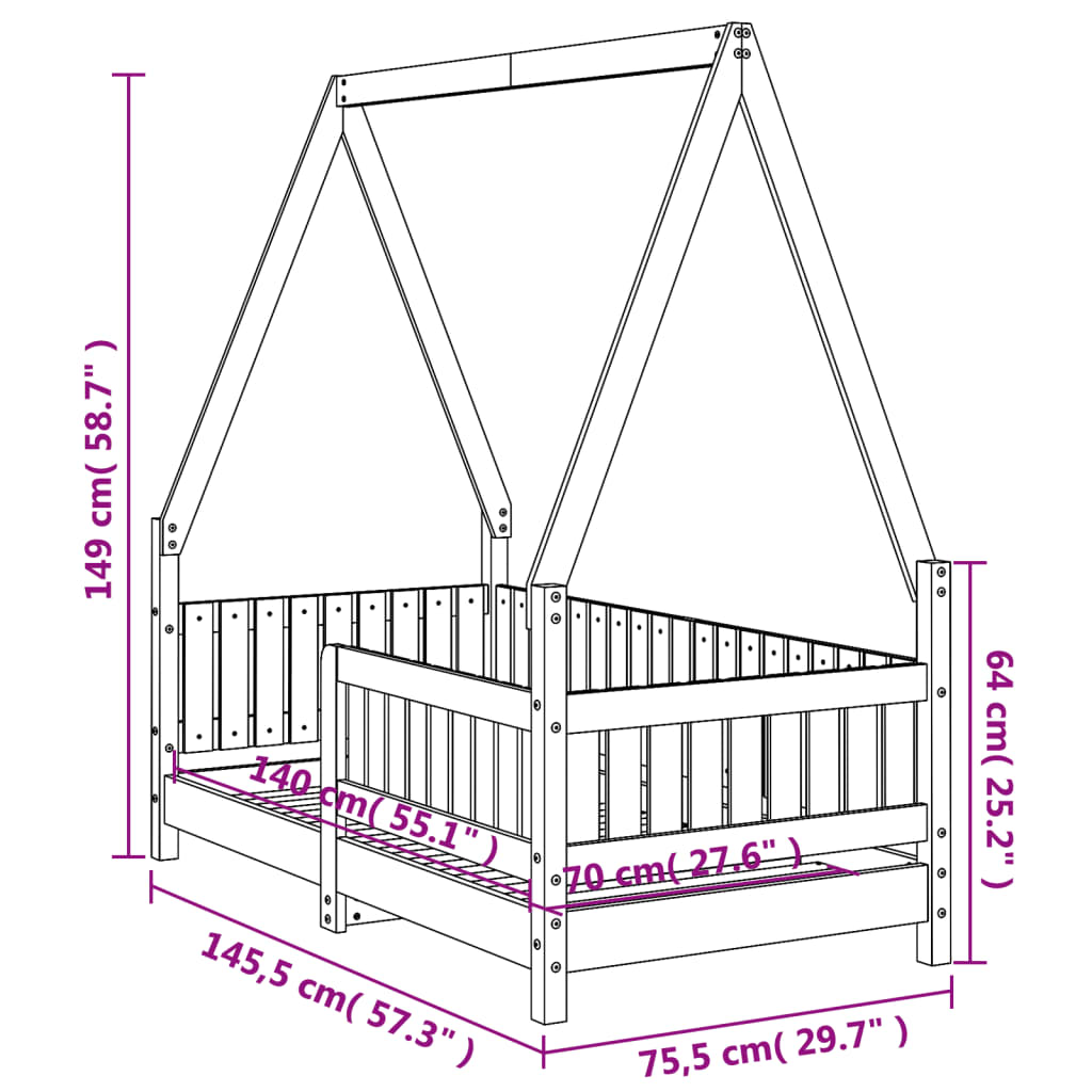 vidaXL Estrutura de cama infantil 70x140 cm pinho maciço preto