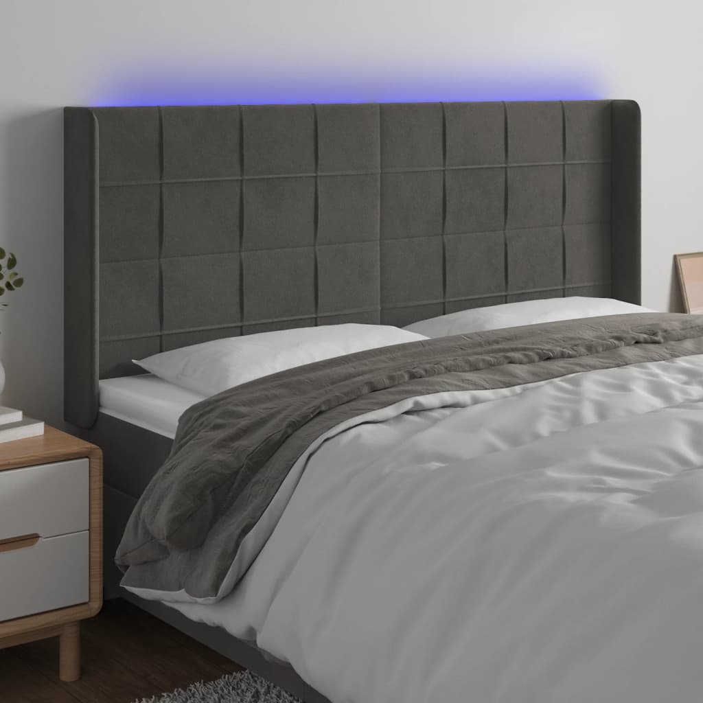 vidaXL Cabeceira de cama c/ LED veludo 203x16x118/128 cm cinza-escuro