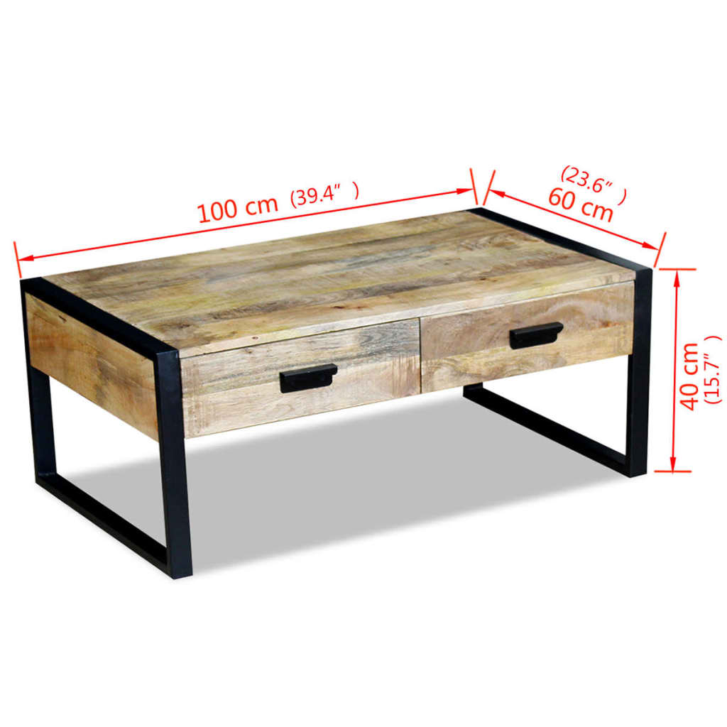 vidaXL Mesa centro 2 gavetas madeira de manga sólida 100x60x40 cm