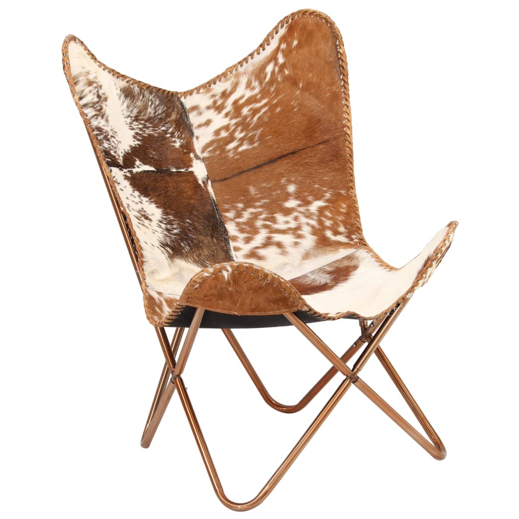 vidaXL Cadeira borboleta em couro de cabra genuíno castanho e branco