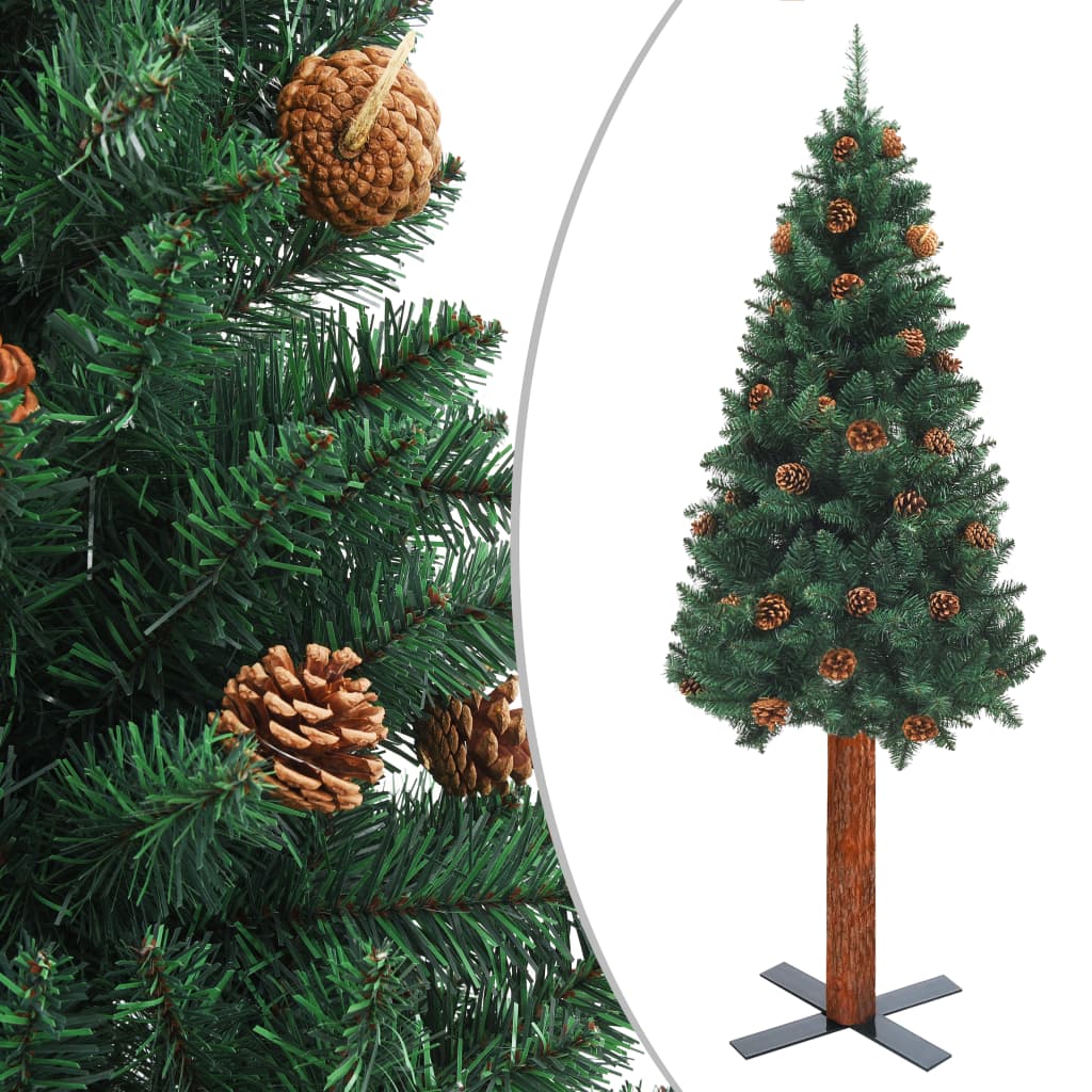 vidaXL Árvore de Natal fina madeira e pinhas genuínas 180 cm PVC verde