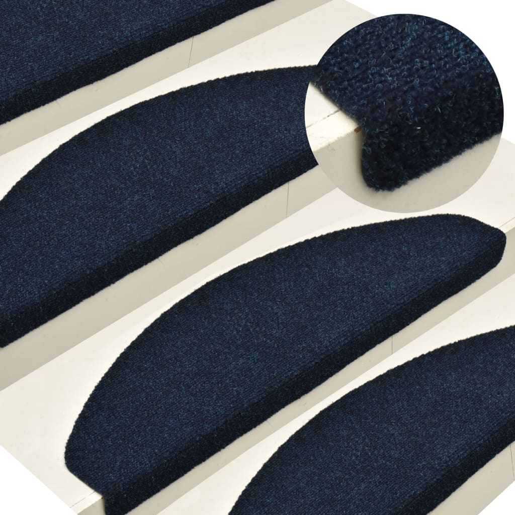 vidaXL Tapetes escada adesivos 15 pcs 65x21x4 cm agulhado azul-marinho