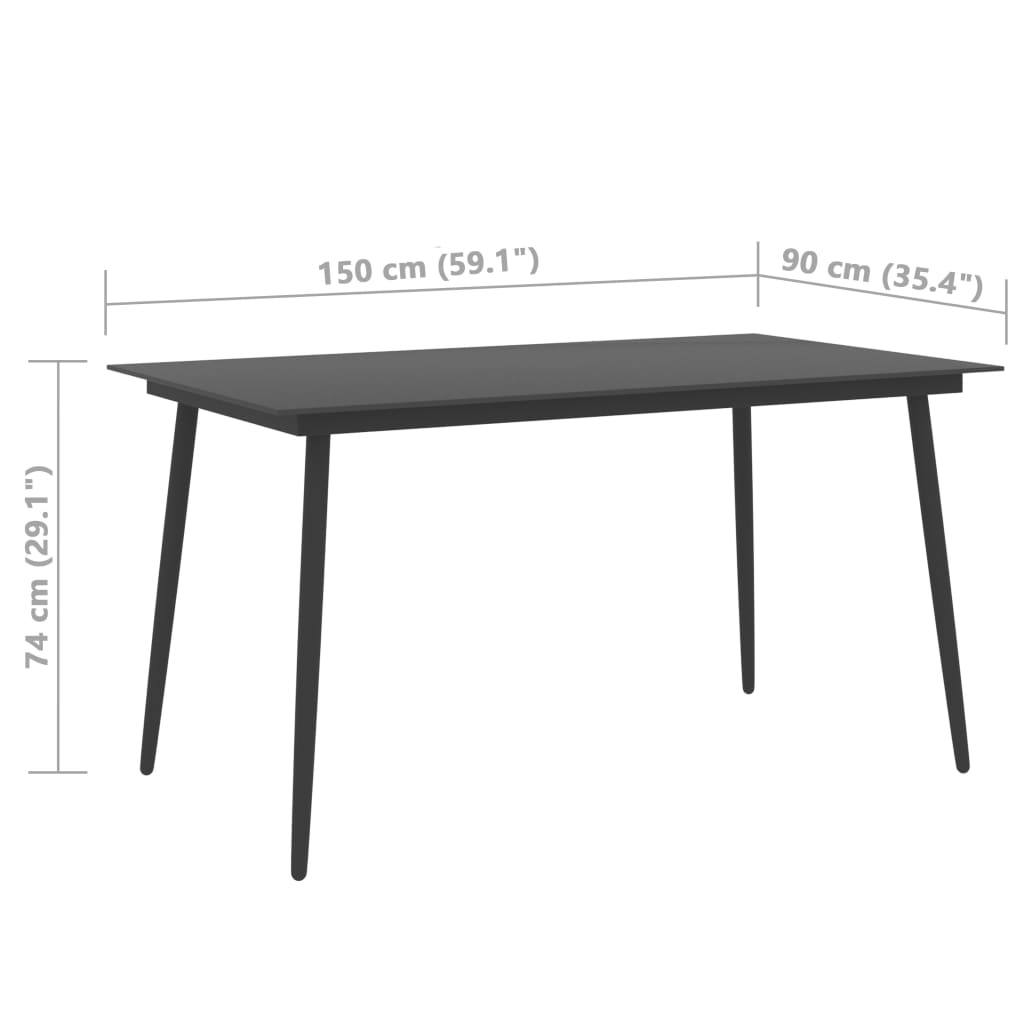 vidaXL Mesa de jantar para jardim 150x90x74 cm aço e vidro preto