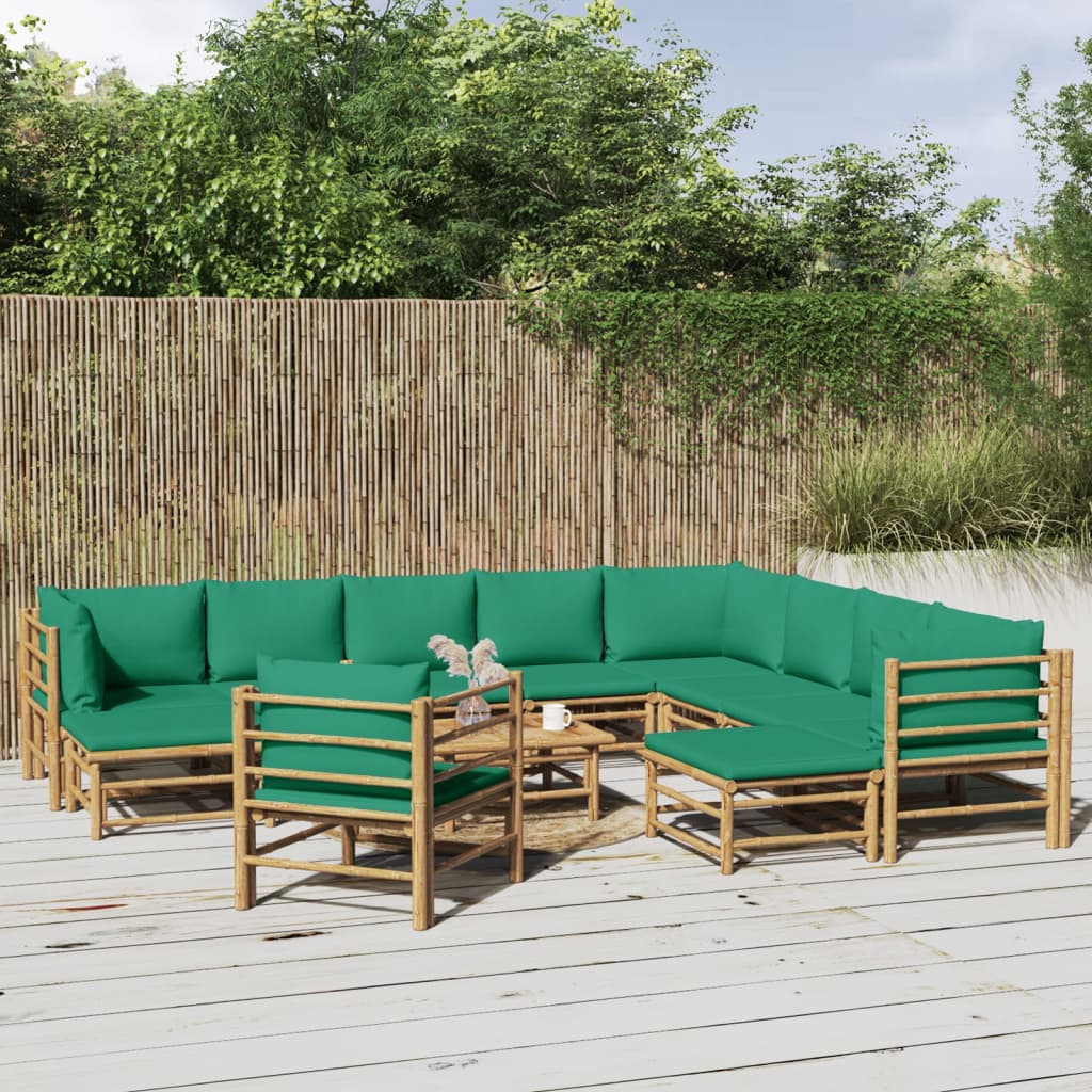 vidaXL 12 pcs conjunto lounge de jardim bambu c/ almofadões verdes