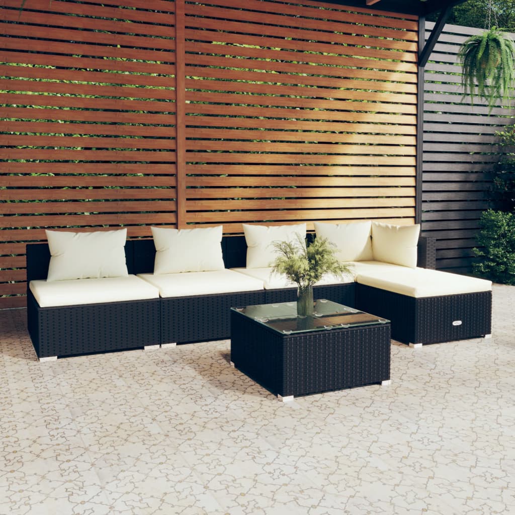 vidaXL 6 pcs conjunto lounge de jardim c/ almofadões vime PE preto