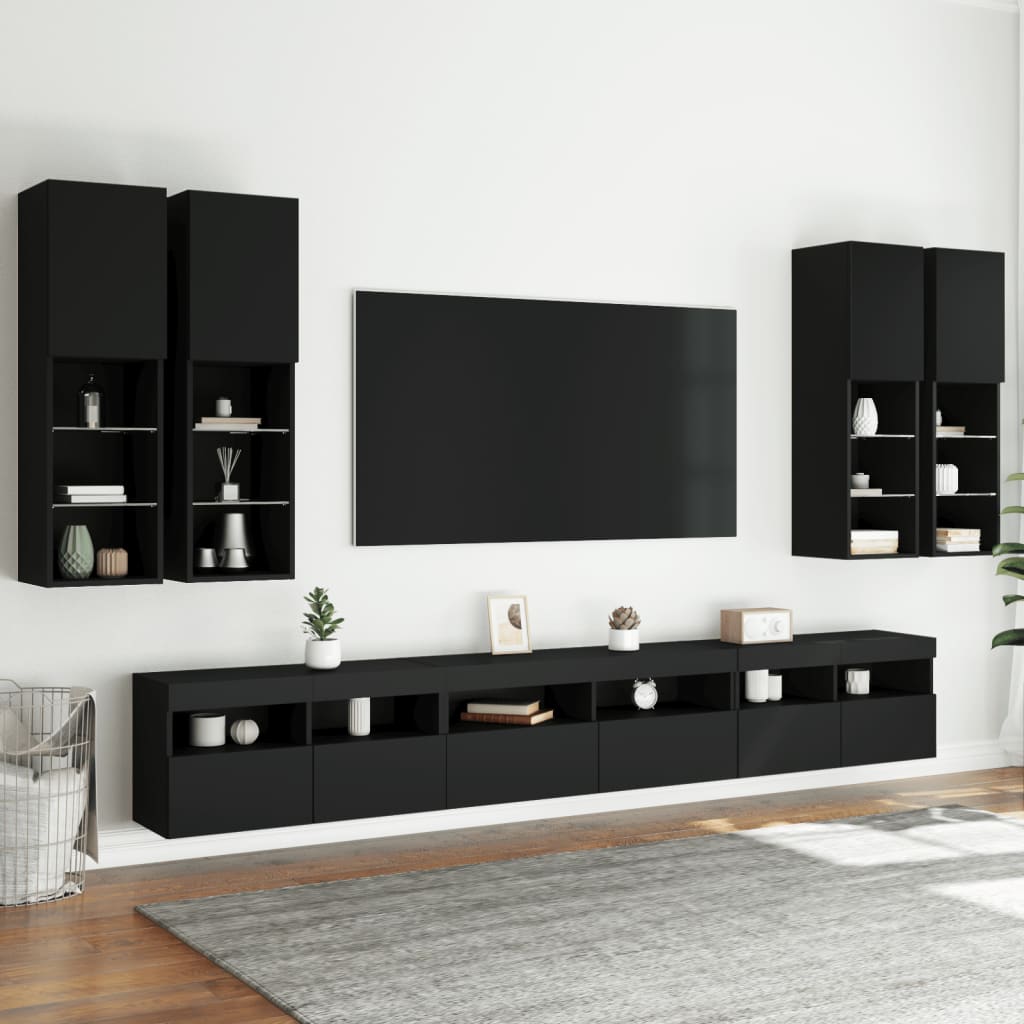 vidaXL 7 pcs conjunto de móveis de parede para TV com luzes LED preto
