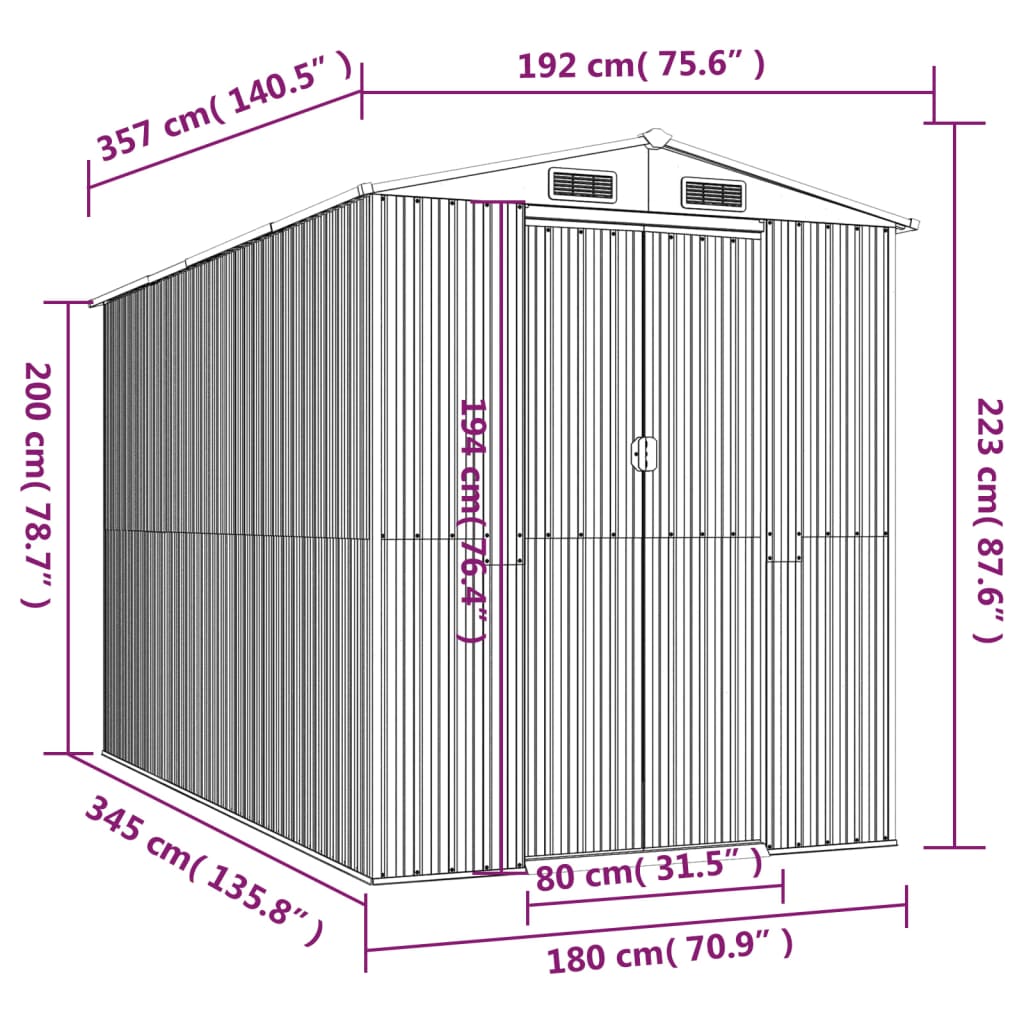 vidaXL Abrigo de jardim 192x357x223 cm aço galvanizado cinzento-claro