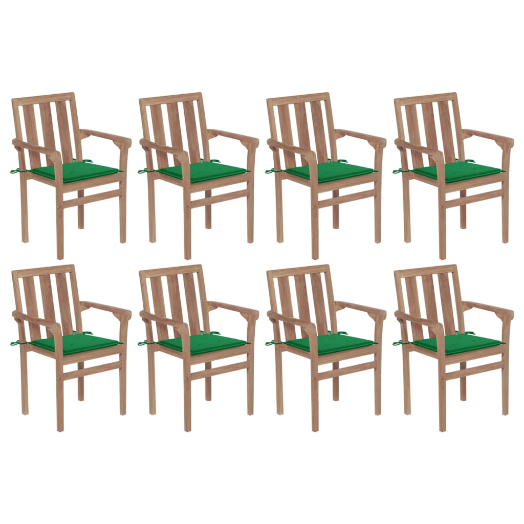 vidaXL Cadeiras de jardim empilháveis c/ almofadões 8 pcs teca maciça