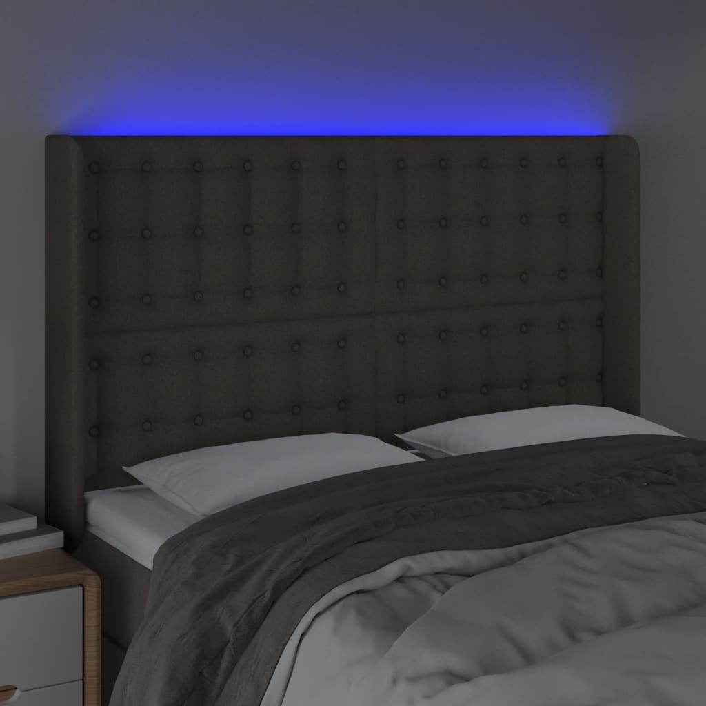 vidaXL Cabeceira cama c/ LED tecido 147x16x118/128cm cinza-acastanhado