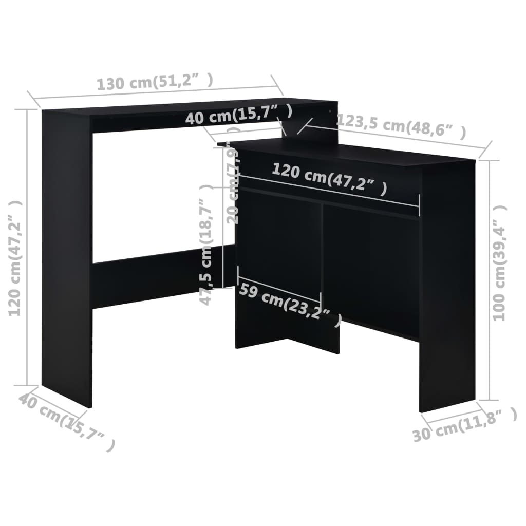 vidaXL Mesa de bar com 2 tampos preto 130x40x120 cm