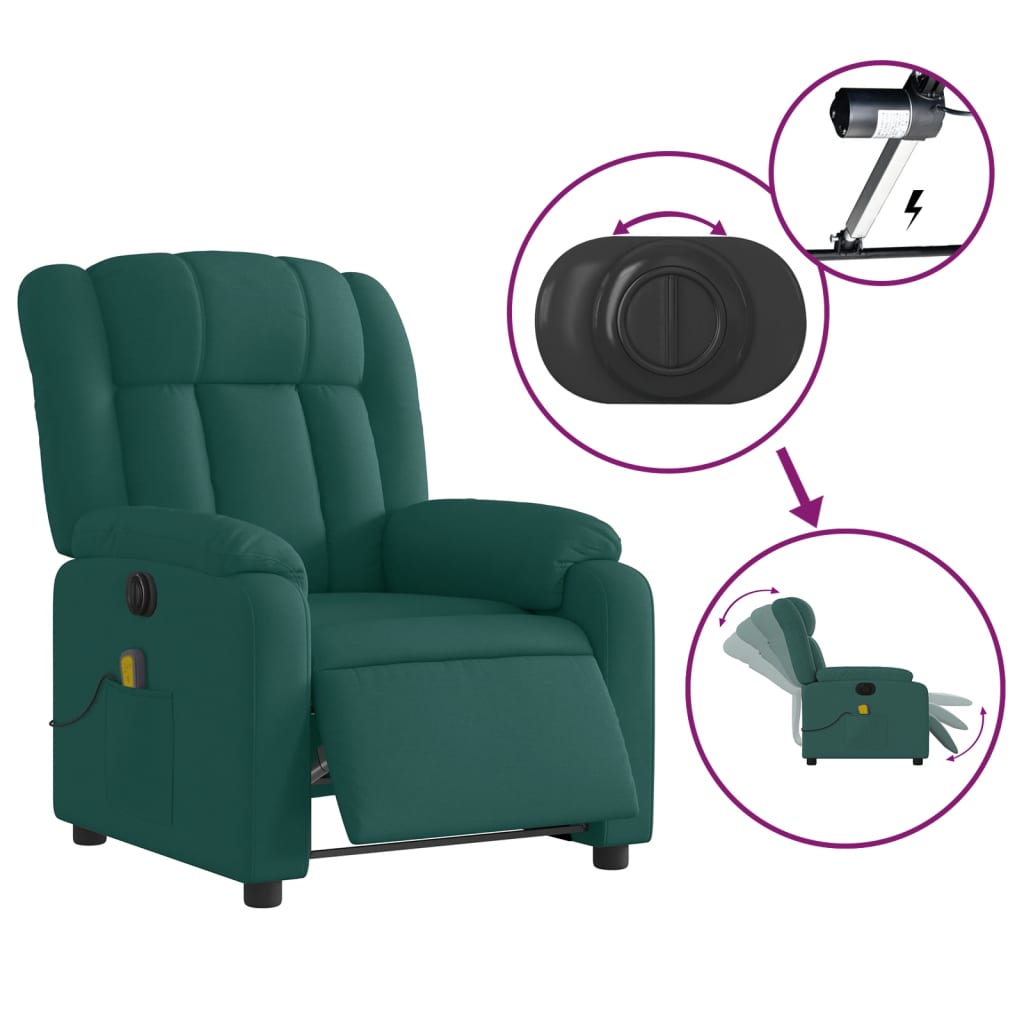 vidaXL Poltrona reclinável de massagens elétrica tecido verde-escuro