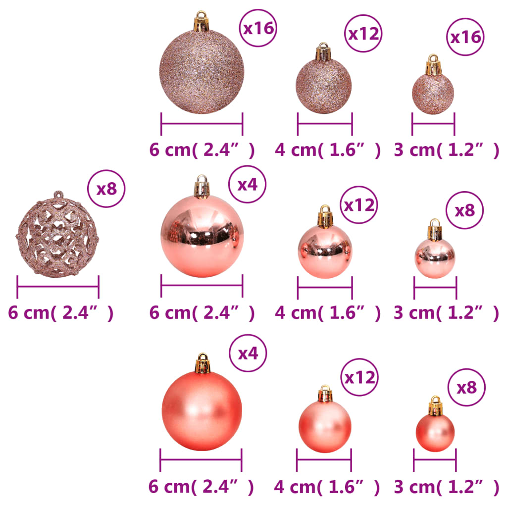 vidaXL Enfeites de Natal 100 pcs 3 / 4 / 6 cm rosa