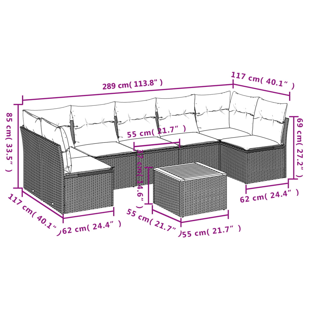 vidaXL 8 pcs conjunto de sofás p/ jardim com almofadões vime PE bege