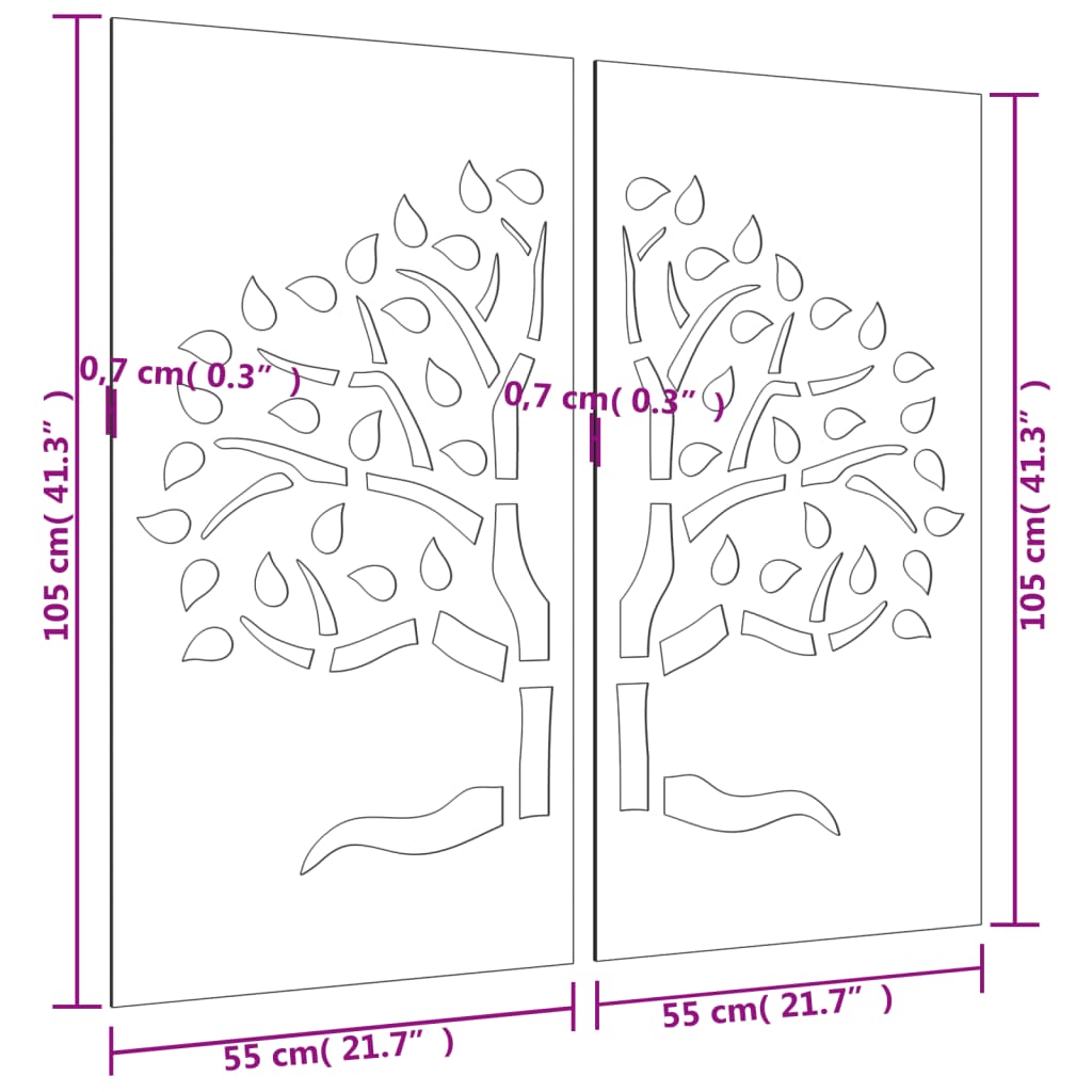 vidaXL Decoração muro de jardim 2pcs 105x55cm aço corten design árvore