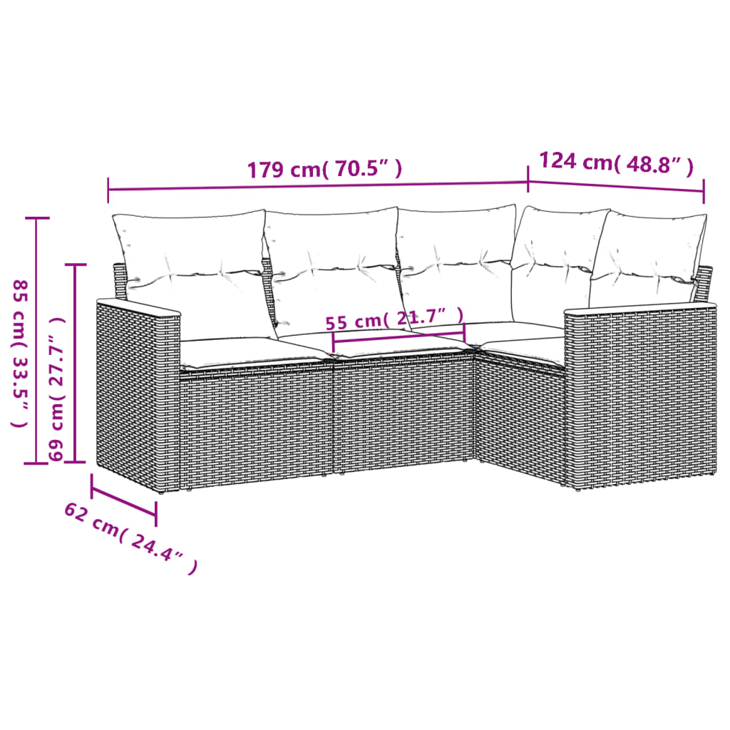 vidaXL 4 pcs conjunto de sofás para jardim c/ almofadões vime PE bege