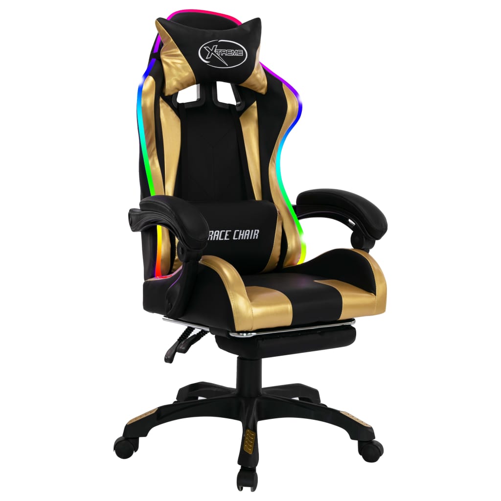 vidaXL Cadeira estilo corrida luzes LED RGB couro artif. dourado/preto