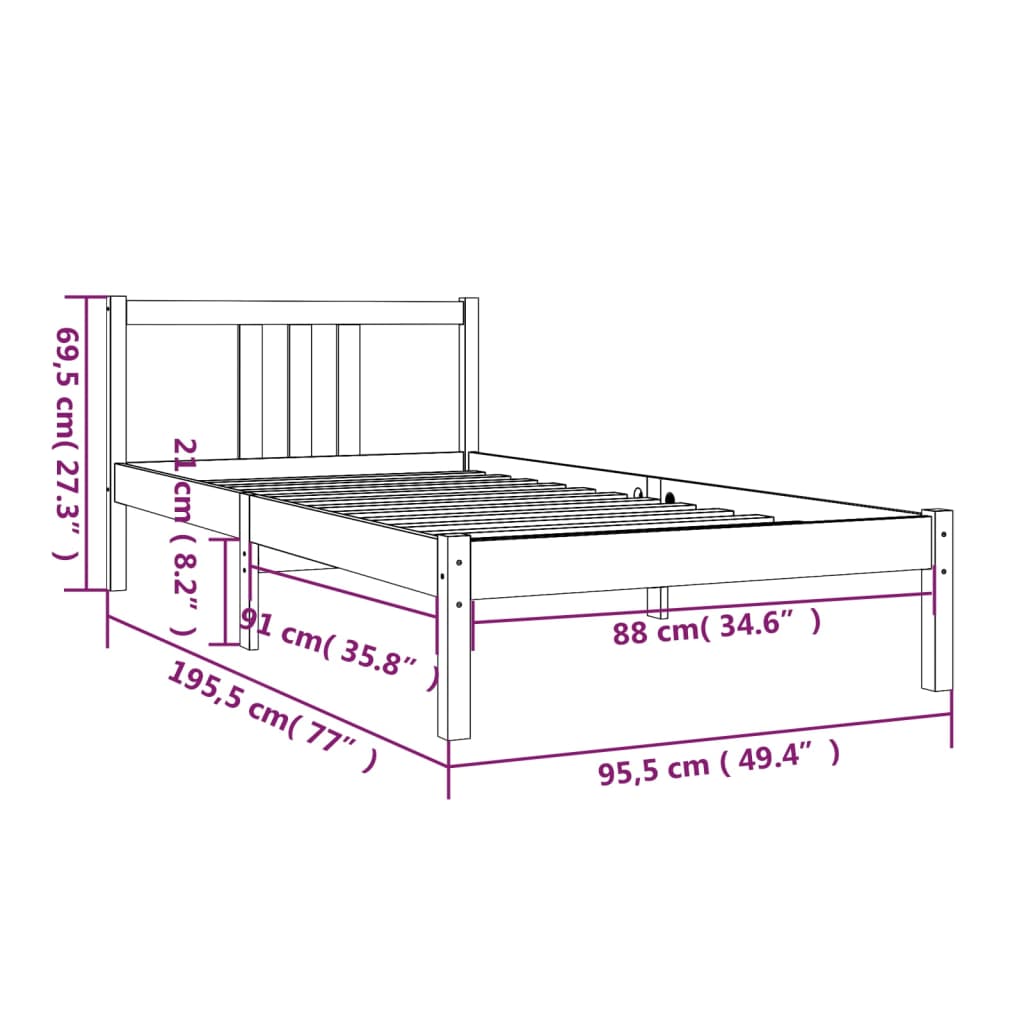 vidaXL Estrutura de cama solteiro 90x190 cm madeira maciça cinza