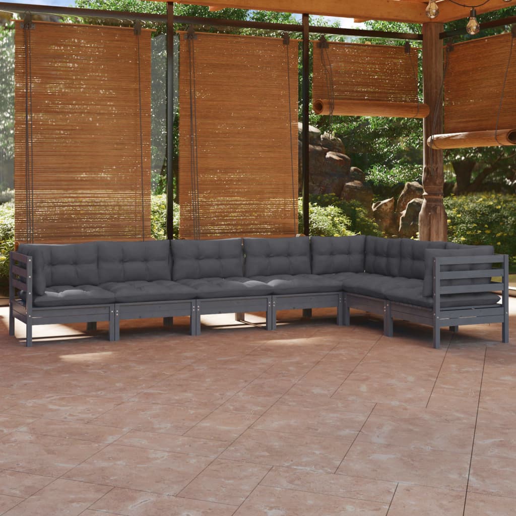 vidaXL 7 pcs conjunto lounge de jardim + almofadões pinho maciço cinza