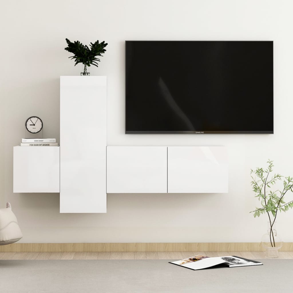 vidaXL 3 pcs conjunto de móveis de TV contraplacado branco brilhante