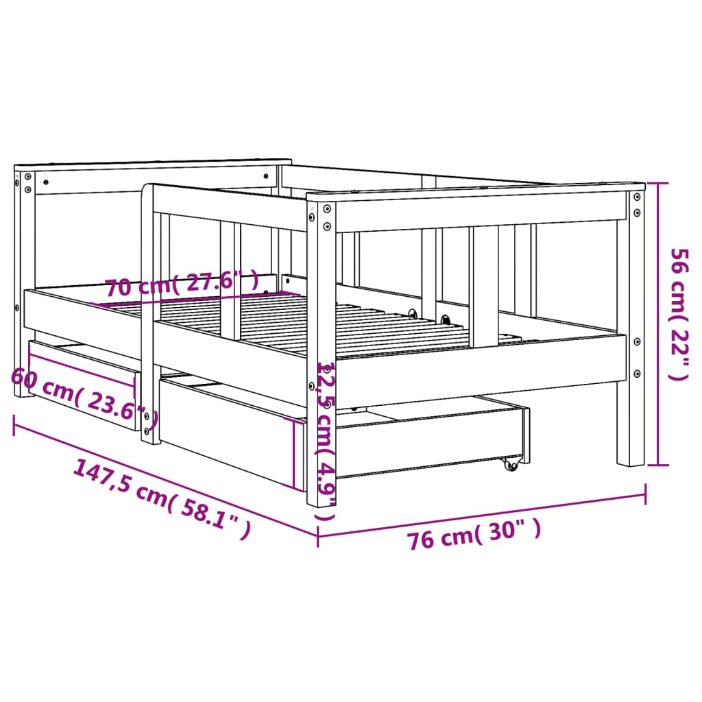 vidaXL Estrutura de cama infantil c/ gavetas 70x140 cm pinho maciço