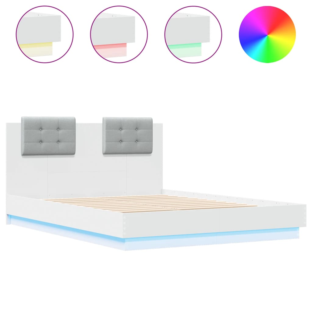 vidaXL Estrutura de cama com cabeceira e luzes LED 135x190 cm branco