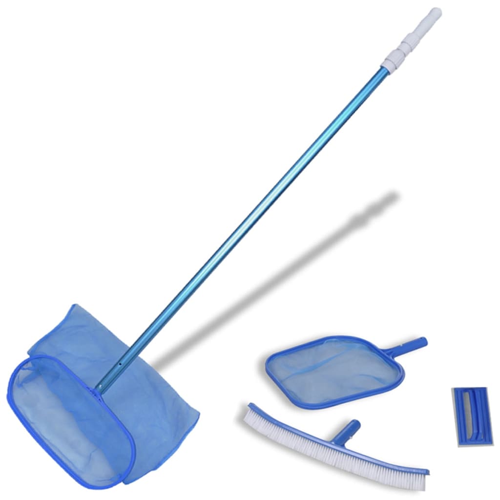 Kit limpeza de piscina, 1 escova, 2 apanha folhas, uma esponja e uma vara telescópica