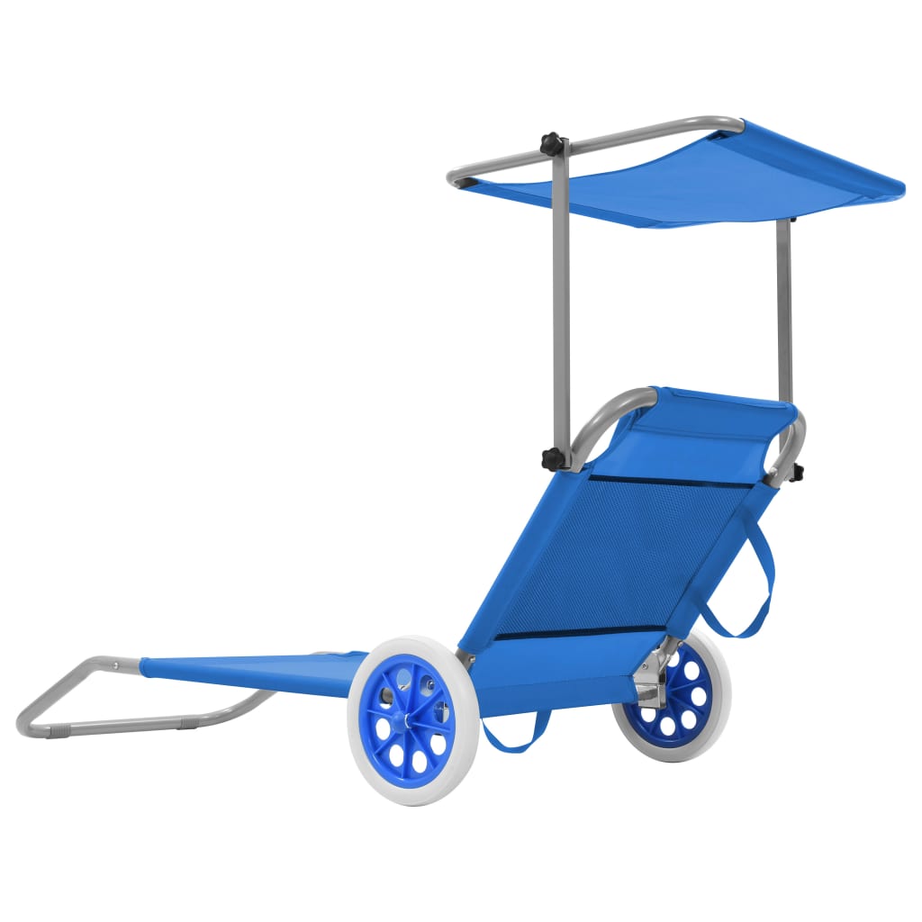 vidaXL Espreguiçadeira dobrável com toldo e rodas aço azul