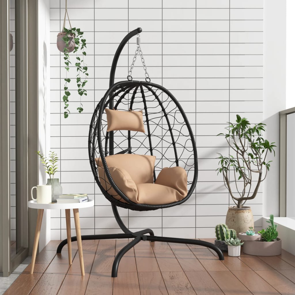 vidaXL Cadeira forma ovo c/ almofadão vime PE/aço cinza-acastanhado