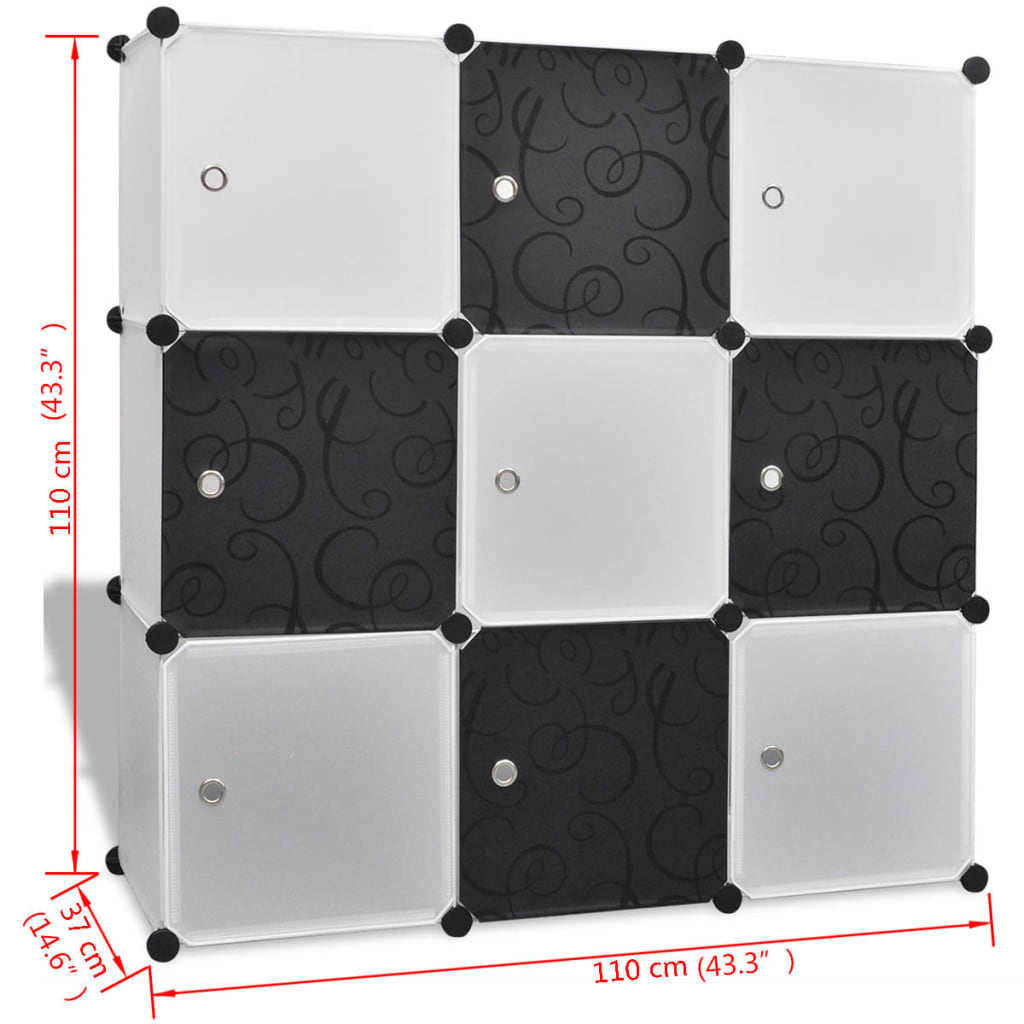 Organizador armazenamento 9 compartimentos 110x37x110cm, preto/branco