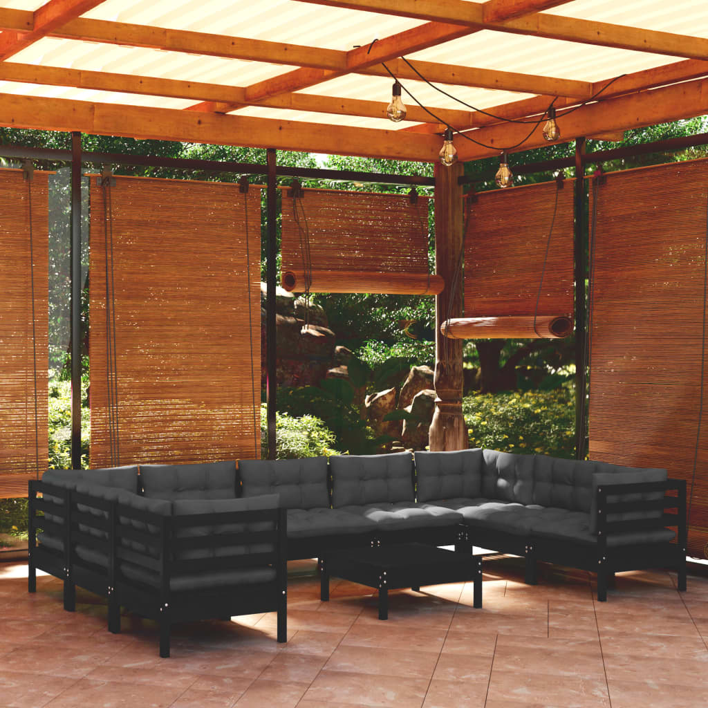 vidaXL 10 pcs conjunto lounge de jardim c/ almofadões pinho preto