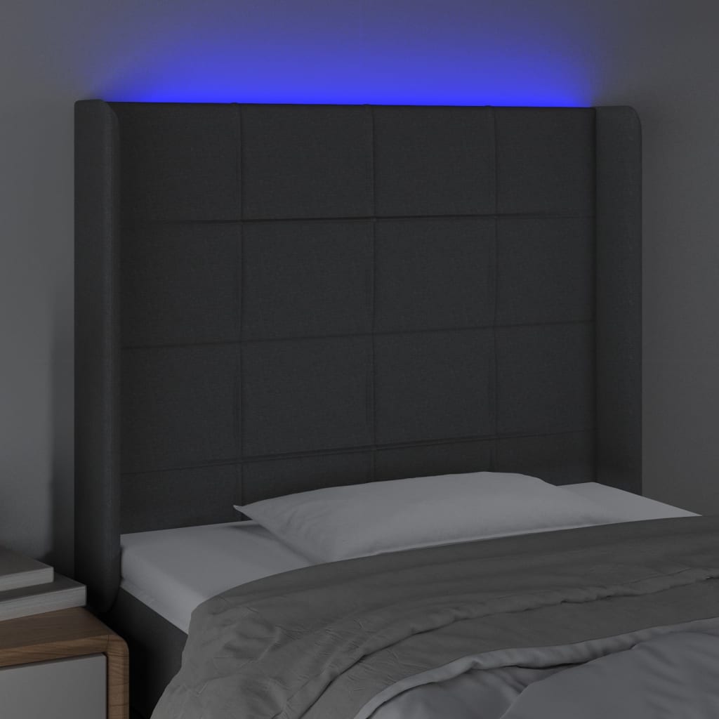 vidaXL Cabeceira de cama c/ LED tecido 103x16x118/128 cm cinza-escuro