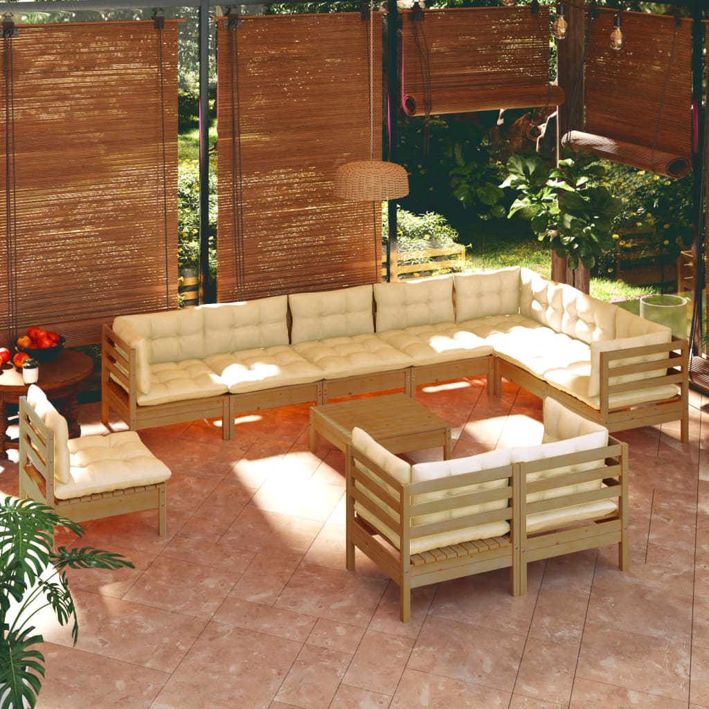 vidaXL 11pcs conj lounge jardim + almofadões pinho maciço castanho-mel