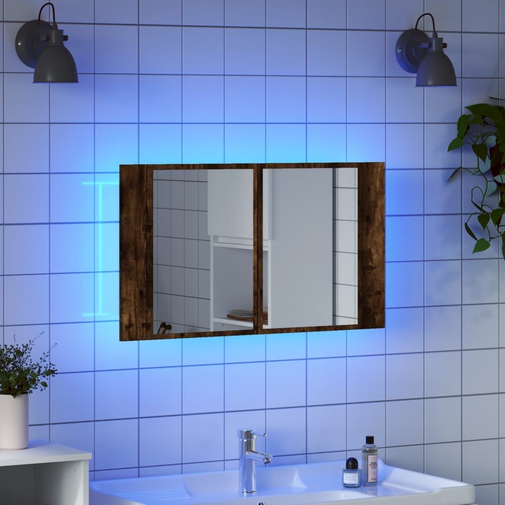 vidaXL Armário WC c/ espelho e luzes LED acrílico carvalho fumado