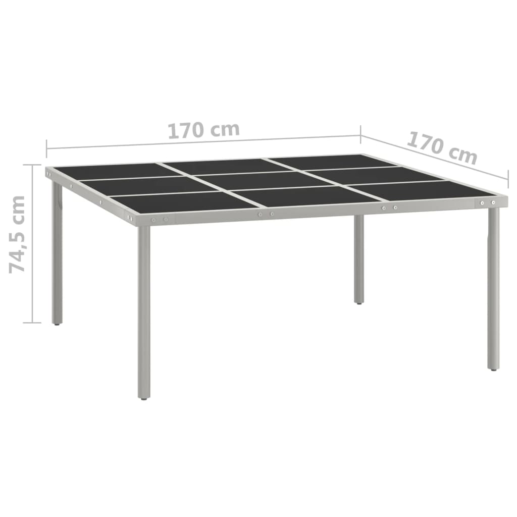 vidaXL Mesa de jantar para jardim 170x170x74,5 cm vidro e aço