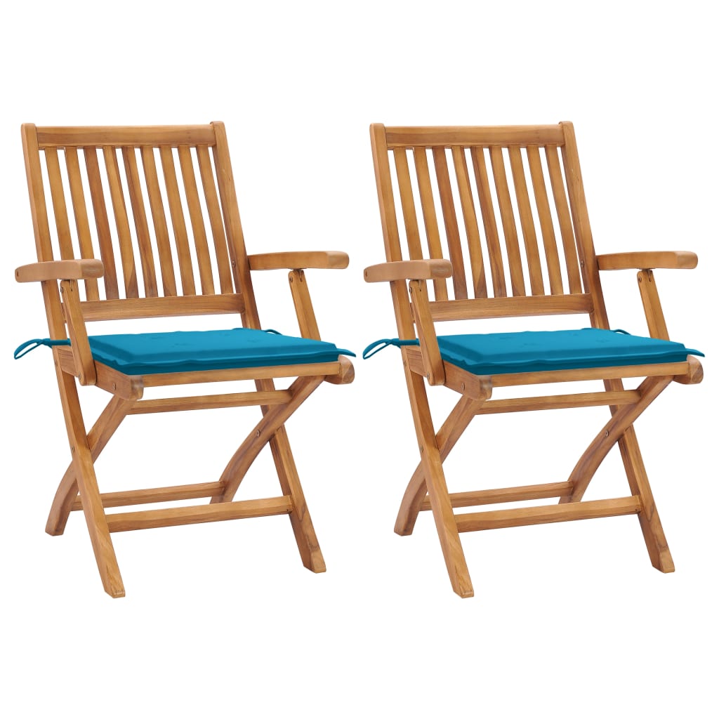 vidaXL Cadeiras de jardim c/ almofadões azuis 2 pcs teca maciça