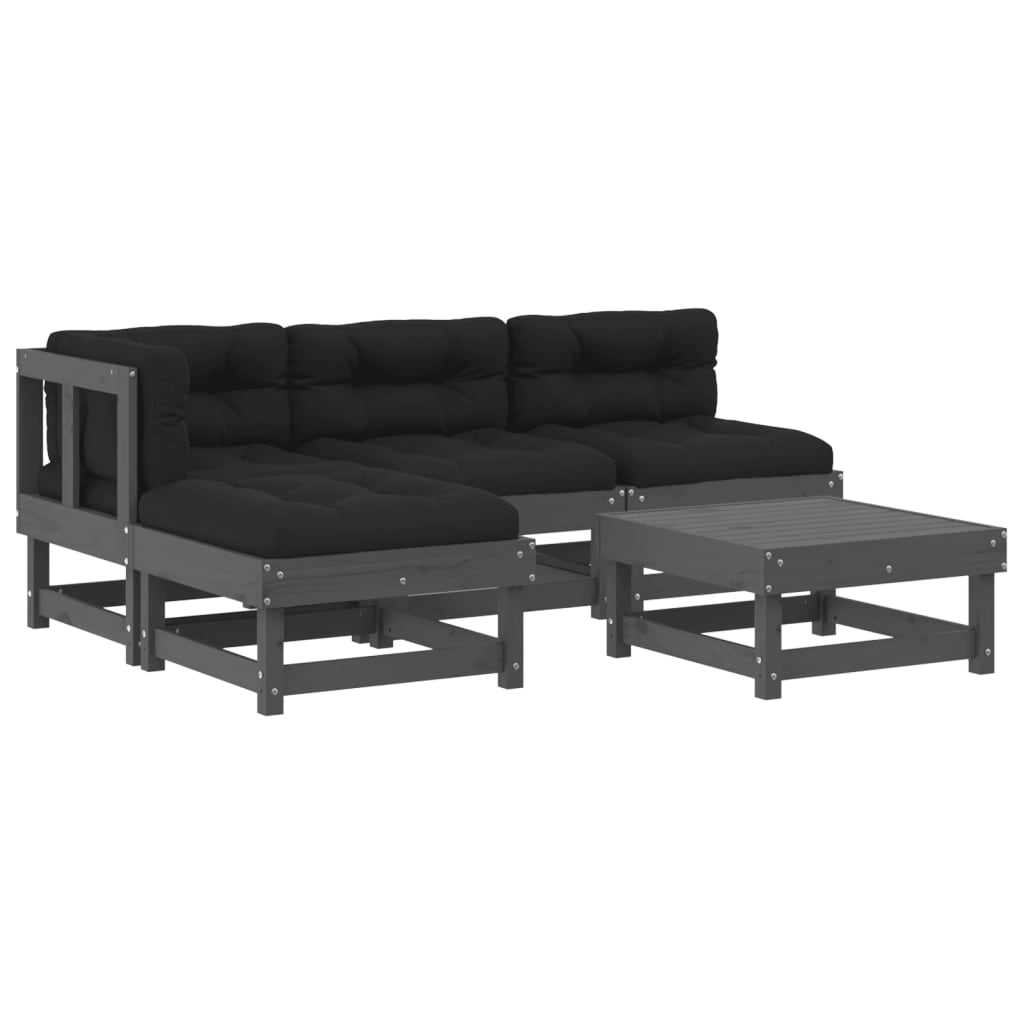 vidaXL 5pcs conjunto lounge jardim com almofadões madeira maciça cinza