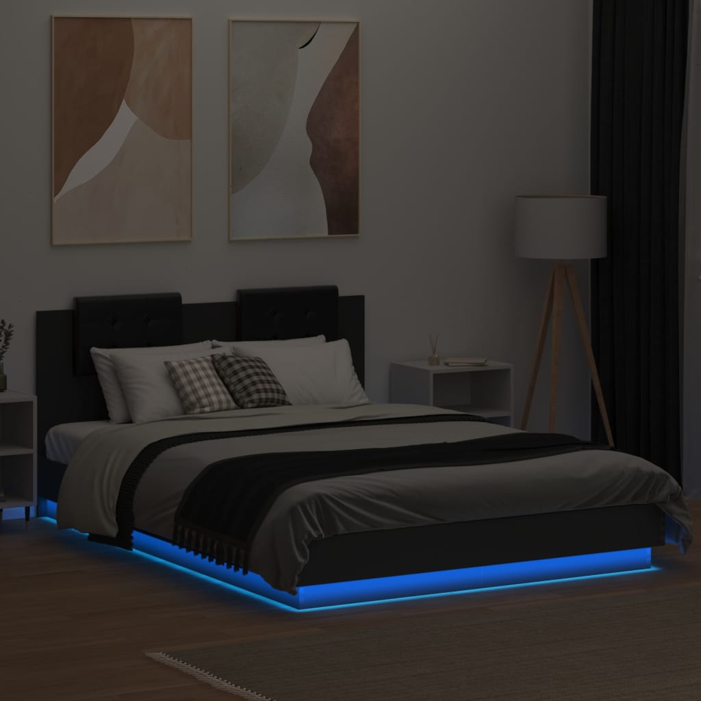 vidaXL Estrutura de cama com cabeceira e luzes LED 150x200 cm preto