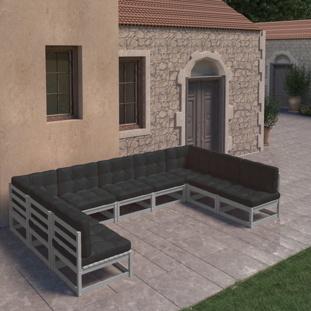 vidaXL 9pcs conjunto lounge de jardim c/ almofadões pinho maciço cinza