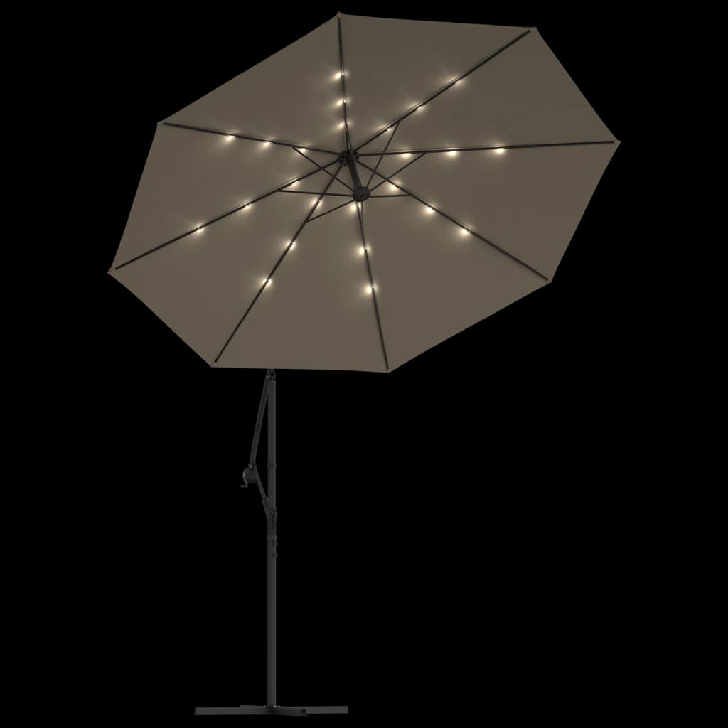 vidaXL Guarda-sol c/ luzes LED + poste aço 300 cm cinzento-acastanhado