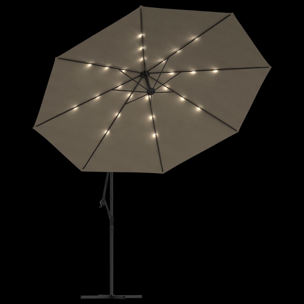 vidaXL Guarda-sol c/ luzes LED + poste metal 350cm cinza-acastanhado