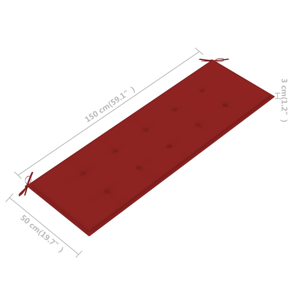 vidaXL Banco de jardim c/ almofadão vermelho 150 cm teca maciça