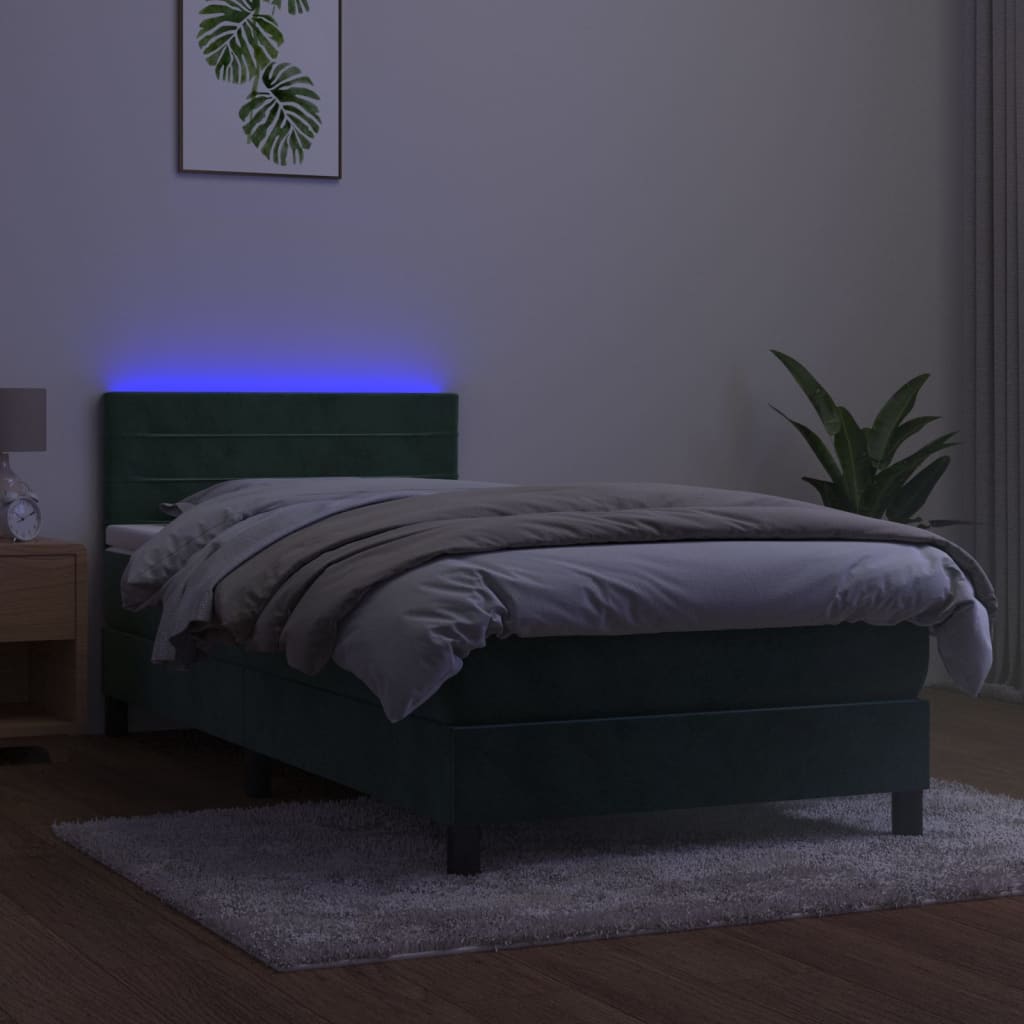 vidaXL Cama box spring c/ colchão/LED 90x200 cm veludo verde-escuro
