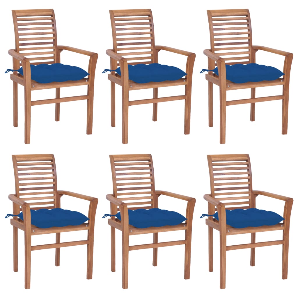 vidaXL Cadeiras de jantar c/ almofadões azuis 6 pcs teca maciça