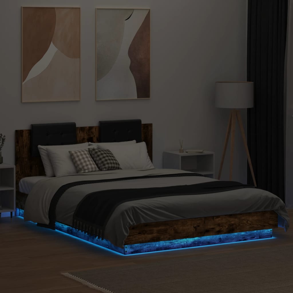 vidaXL Estrutura cama c/ cabeceira/luzes LED 150x200cm carvalho fumado